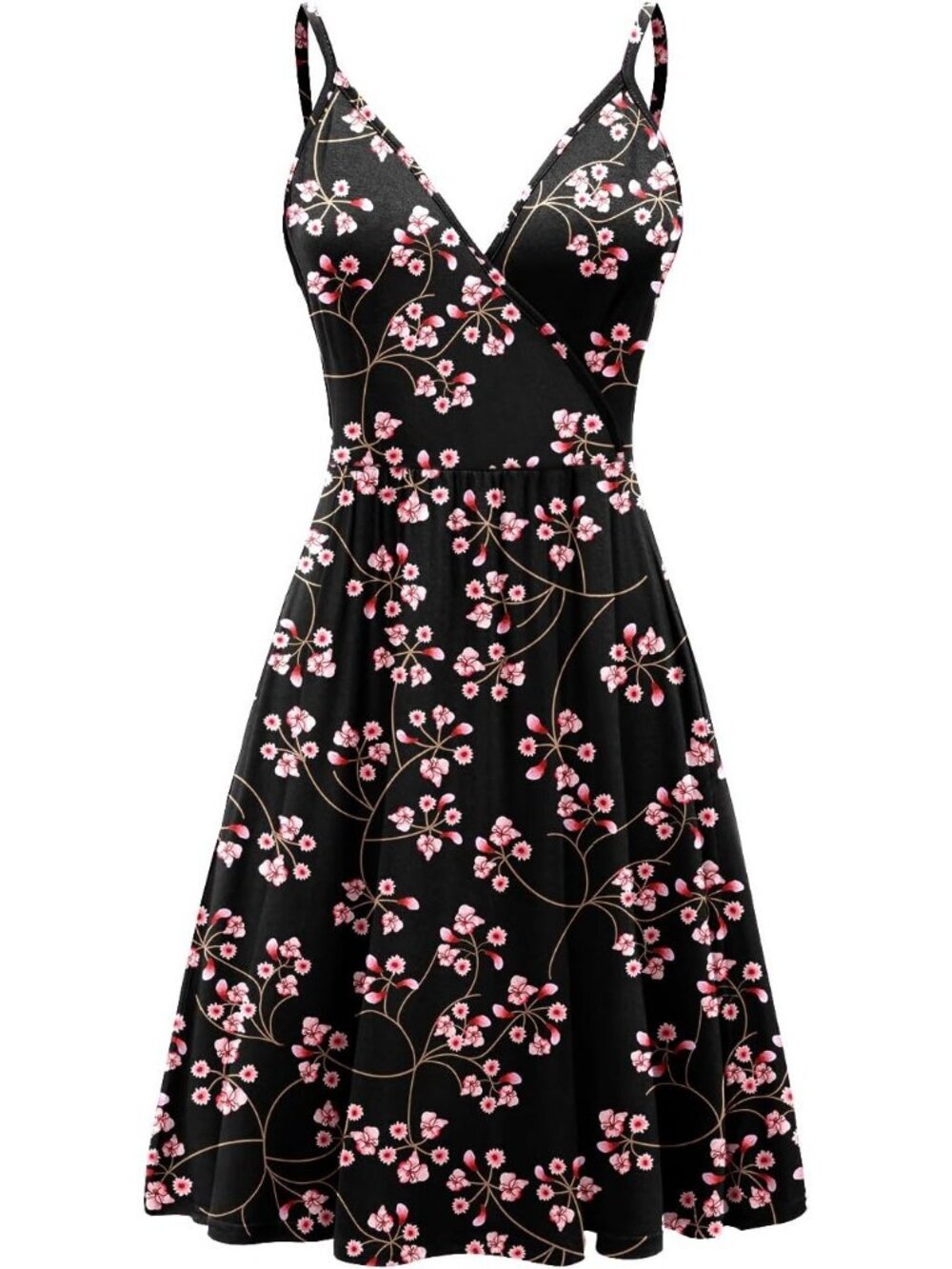 Women's Gypsophila Black Spaghetti Strap Sundress Casual Beach Flowy Mini Dress - Picture 4 of 5